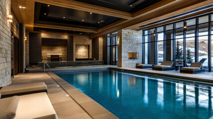 Swimming pool in a luxury hotel with lounger and large windows