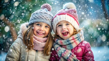 Cute happy children wearing a warm winter clotes surrounded with snowflakes. Winter holidays concept
