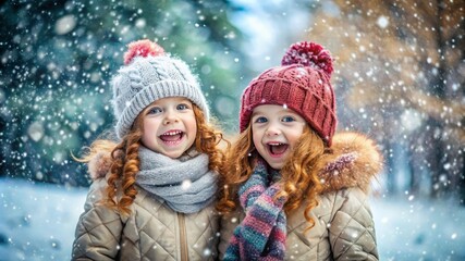 Fototapeta premium Cute happy children wearing a warm winter clotes surrounded with snowflakes. Winter holidays concept