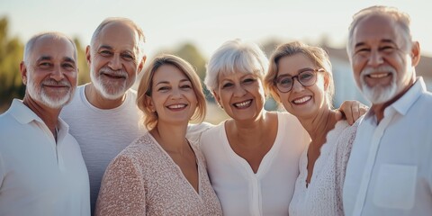 A group of older people are smiling and posing for a photo. Scene is happy and friendly