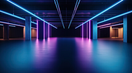 Modern interior space with neon blue and pink lighting, featuring concrete pillars and sleek design elements in an open and spacious setting, reflecting a futuristic aesthetic.