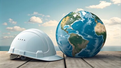 Global Safety Concept: Earth with Hard Hat, Workplace Health Icon,Workplace Safety Concept with Earth and Helmet, Health at Work