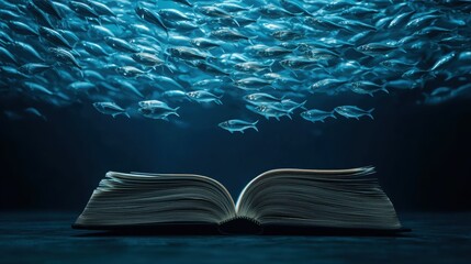Explore the mystical connection between literature and nature as a school of fish swims above an open book