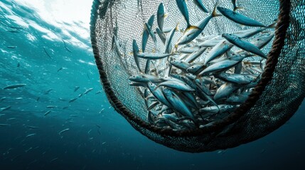 A net filled with fish underwater, showcasing marine life and fishing practices in a vibrant blue ocean environment.