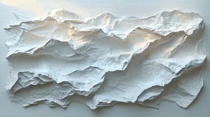 A textured, crumpled white paper artwork resembling abstract landscapes or mountains.