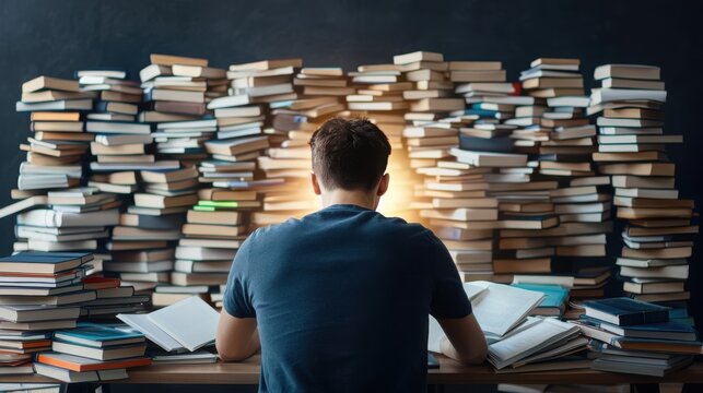 A dedicated student engages in focused learning surrounded by a tower of books at a study desk in a cozy environment
