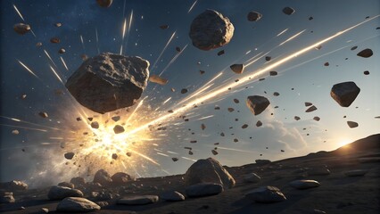 Meteorite Explosion with Fragments, Dramatic Space Scene,Asteroid Collision with Stones and Debris, Meteorite Blast Art