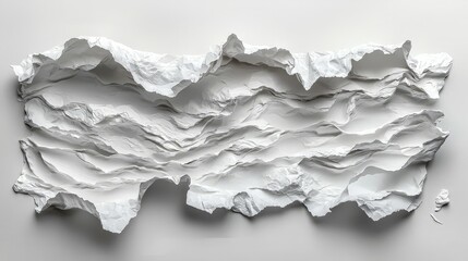 A textured, crumpled white paper artwork resembling abstract landscapes or waves.