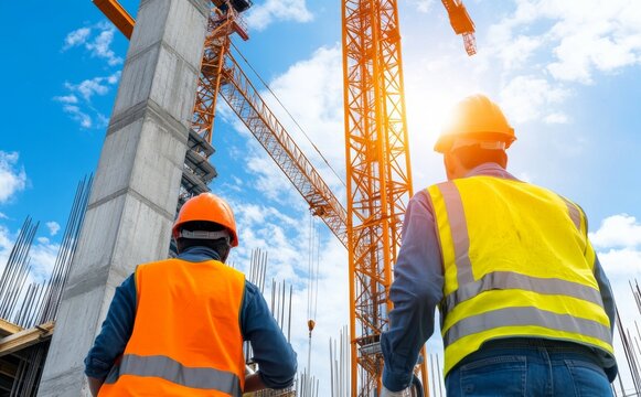 Construction workers oversee tower crane operations at a building site under blue sky