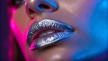 Metallic Silver Lips with Neon Lighting, Trendy Makeup Concept,Shiny Metallic Lips with Neon Glow, Fashion Makeup Art
