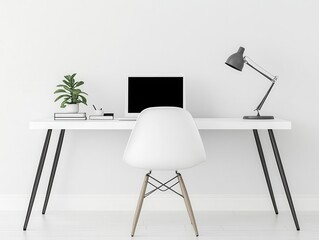 Minimalist office featuring white walls, clean lines, and functional furniture, designed for streamlined management operations