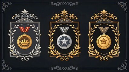 Luxury Game Ranking Badge Frames on Black Background, Premium Design,Elegant Game Badge Frames, Black Background, Gold Accents