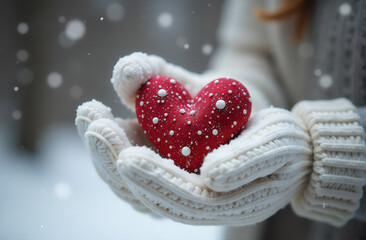 Fototapeta premium A person in white gloves holds a red heart decorated with snowflakes in a winter wonderland