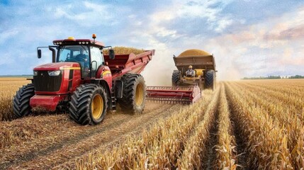 Fototapeta premium A vibrant agricultural scene featuring a red tractor and a large harvesting machine working together in a golden crop field under a beautiful sky.