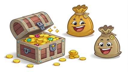 Cartoon Treasure Icons with Gold Chests and Bags, Game Assets,Treasure Icons for Games, Gold Coins, Chests, and Bags