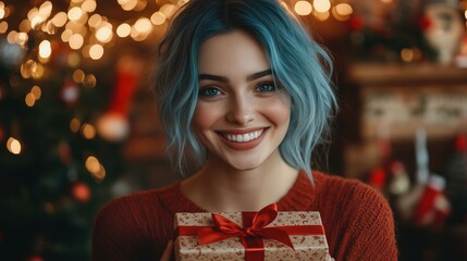 A cheerful young woman with light blue hair holding a beautifully wrapped holiday gift with a red bow, set against a cozy background of warm holiday lights.