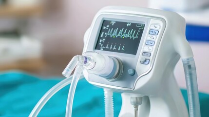 A medical ventilator displaying vital signs data, used in healthcare to assist patients with breathing.