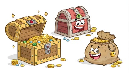 Cartoon Treasure Icons with Gold Chests and Bags, Game Assets,Treasure Icons for Games, Gold Coins, Chests, and Bags