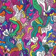 Fototapeta premium AI generator image of Design an intricate pattern with colorful doodles and waves, perfect for stationery or fabric designs. The design should be seamless, filled with vibrant colors wavy lines, curve