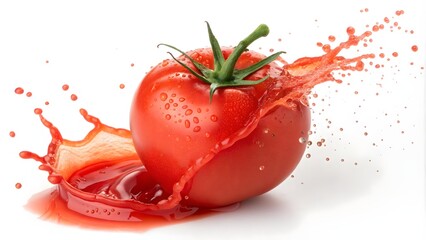 Fresh Tomato with Juice Splash, Vibrant Food Photography,Juicy Tomato with Splash, Close-Up of Fresh Produce