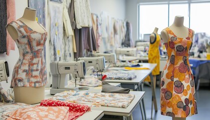 AI generator image of modern textile production scene showcasing sustainable fashion and personalized clothing.clean factory with automated sewing machines, workers customizing garments with intricate