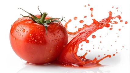 Fresh Tomato with Juice Splash, Vibrant Food Photography,Juicy Tomato with Splash, Close-Up of Fresh Produce