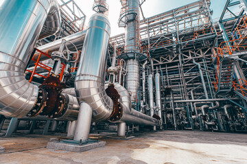 Fototapeta premium Valve elbow column refinery plant equipment for pipeline oil and gas valves at gas plant pressure safety