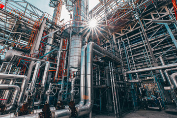 Obraz premium Valve elbow column refinery plant equipment for pipeline oil and gas valves at gas plant pressure safety