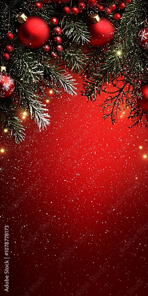 Poster sparkling christmas background with red baubles and green pine branches : generative ai
