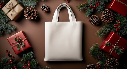 Elegant White Handbag with Christmas Decorations Elegant Gift Shopping Holiday Season : Generative AI
