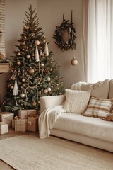 Elegant Living Room with Christmas Tree and Wrapped Gifts Underneath : Generative AI