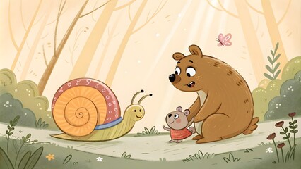 Cute Cartoon Animals in Soft Warm Tones, Adorable Snail and Bear Cub,Warm-Toned Cartoon Animals, Soft Animal Characters Illustration
