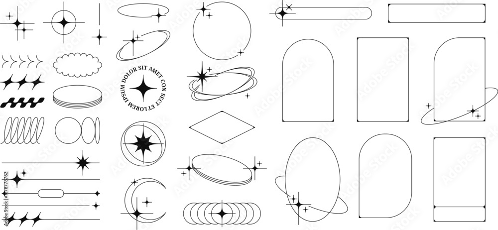 Poster Minimalist linear frames with stars, modern aesthetic line y2k elements, decorative sparkle borders. Abstract boho style oval and arch shapes, outline minimal geometric frame with sparkles vector set