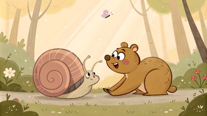 Cute Cartoon Animals in Soft Warm Tones, Adorable Snail and Bear Cub,Warm-Toned Cartoon Animals, Soft Animal Characters Illustration

