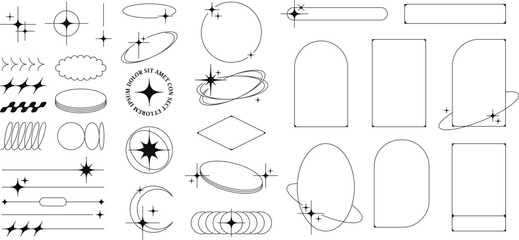 Minimalist linear frames with stars, modern aesthetic line y2k elements, decorative sparkle borders. Abstract boho style oval and arch shapes, outline minimal geometric frame with sparkles vector set