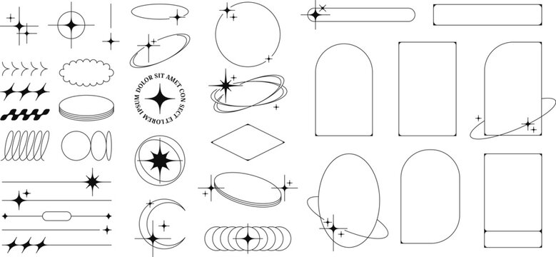 Minimalist linear frames with stars, modern aesthetic line y2k elements, decorative sparkle borders. Abstract boho style oval and arch shapes, outline minimal geometric frame with sparkles vector set