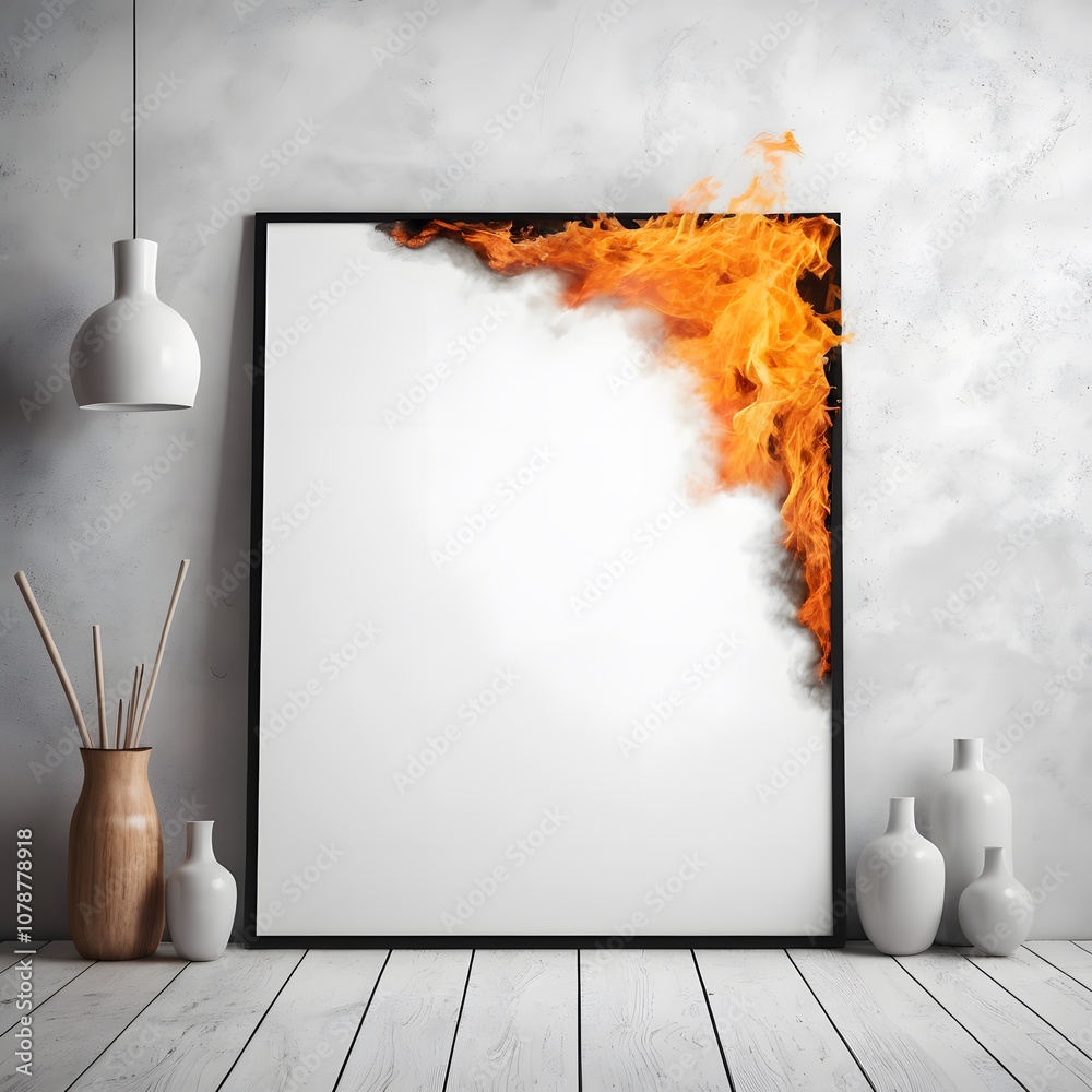 Poster An empty white poster frame set against a fiery background, perfect for showcasing artwork or advertisements that require a dynamic and engaging visual contrast.