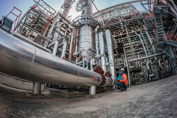 Male worker inspection at steel long pipes insulation and pipe elbow in station oil factory during...