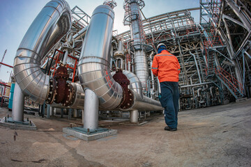 Male worker inspection at steel long pipes insulation and pipe elbow in station oil factory during refinery valve of visual check record pipeline