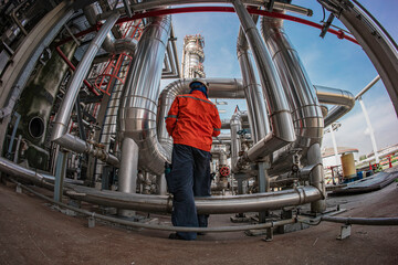 Male worker inspection at steel long pipes insulation and pipe elbow in station oil factory during refinery valve of visual check record pipeline