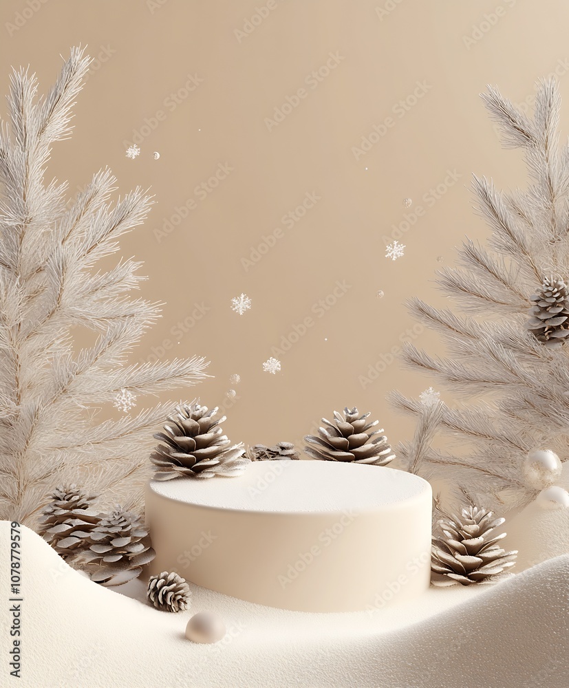 Poster elegant minimalist winter scene with snowflakes and pine cones on beige : generative ai