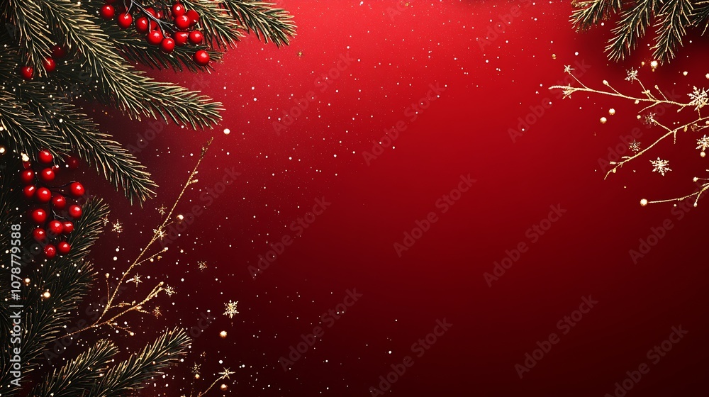 Aufkleber festive evergreen branches with red berries and glittering stars on rich red background : generative