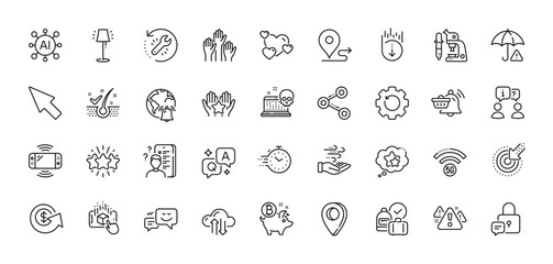 Augmented reality, Ranking and Microscope line icons pack. AI, Question and Answer, Map pin icons. Recovery tool, Game console, Survey web icon. Wind energy, Timer, Recovery gear pictogram. Vector