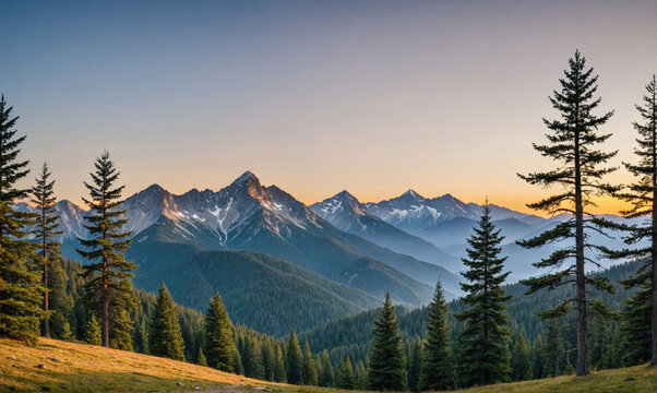 A view of the snow-capped peaks of the mountains at sunset, with a forest of evergreen trees in the foreground