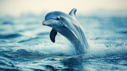 A dolphin is jumping out of the water. The water is blue and the dolphin is white