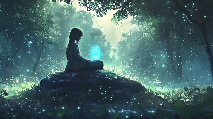 Obraz premium Anime girl sitting by a glowing lake surrounded by colorful autumn trees