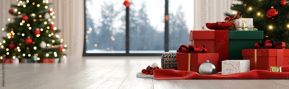 Poster cozy festive setting with decorated christmas trees and gift boxes by window : generative ai