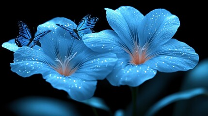 Two blue flowers with butterflies on them. The flowers are in a dark background. The butterflies are in the foreground