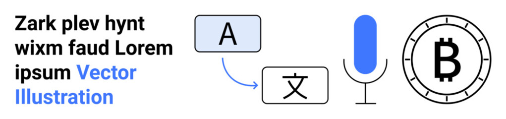 Text sample, translation icon, microphone, and cryptocurrency symbol illustrate communication, translation, language, audio, money, digital currency, and technology. Ideal for multilingual services