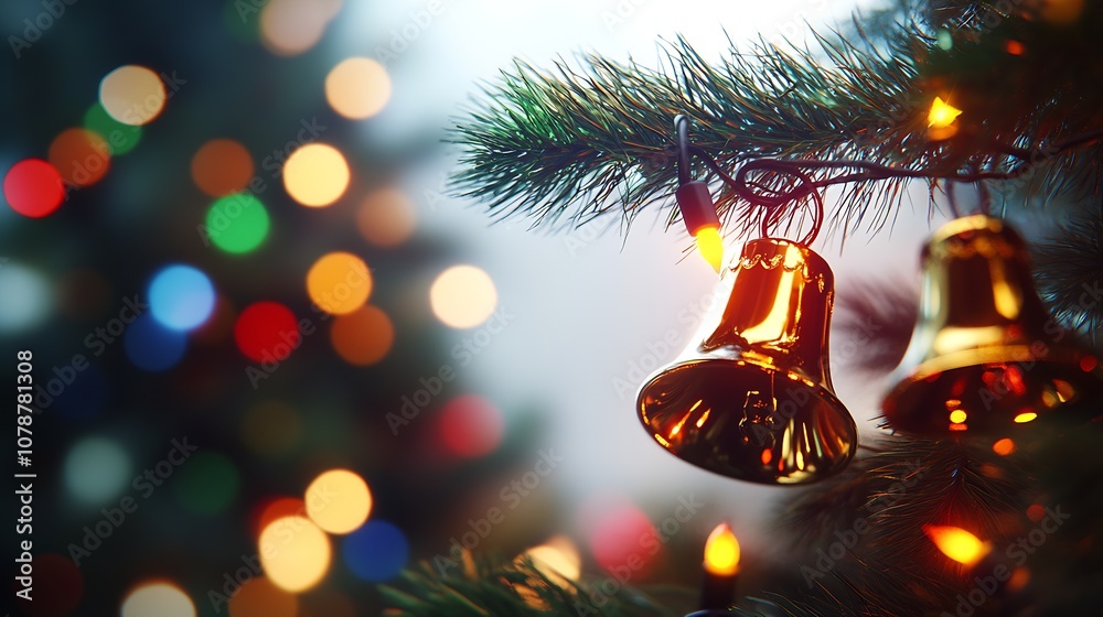 Aufkleber Golden Christmas Bells on Pine Branch with Colorful Bokeh Lights : Generative AI